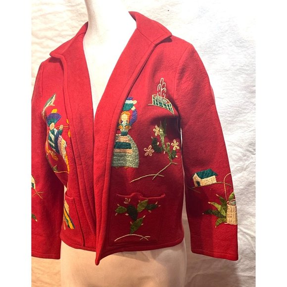 Vintage Handmade Embroidered Sweater Jacket Village Farmer Setting OOAK - Picture 4 of 16